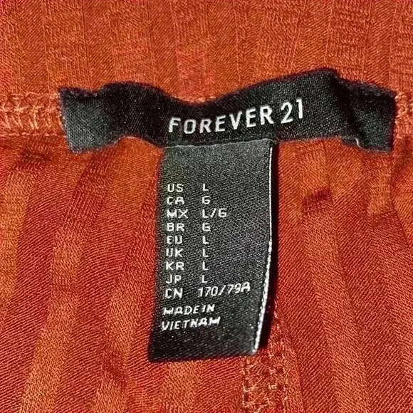 Forever 21 Ribbed Knit Fitted Flare Reddish Orange Pants, L - Picture 5 of 6